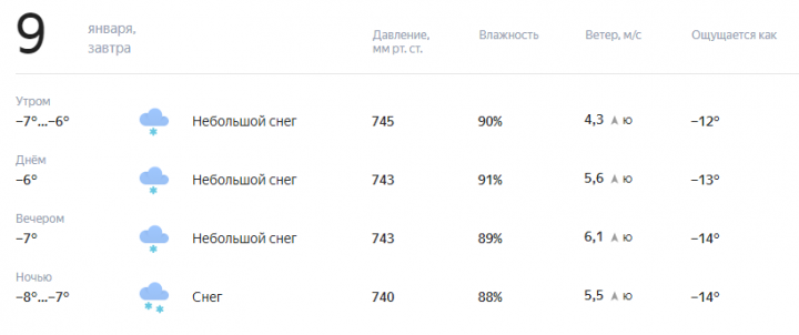 Прогноз погоды на завтра, 9 января