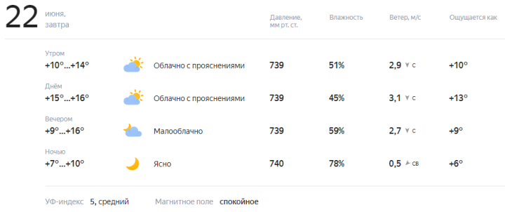 В Лениногорске 22 июня будет пасмурная погода